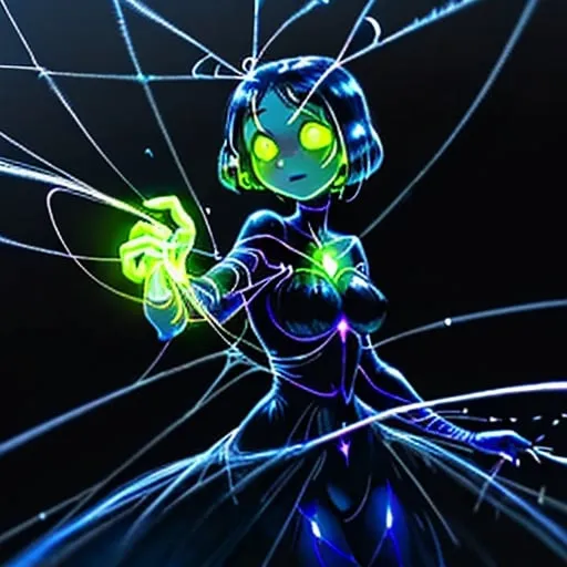 Prompt: A glowworm person with a thread of web as a whip with a wall of webs next to her like a matador