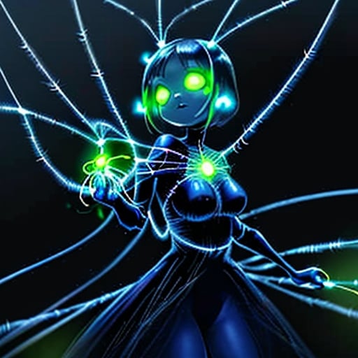 Prompt: A glowworm person with a thread of web as a whip with a wall of webs next to her like a matador