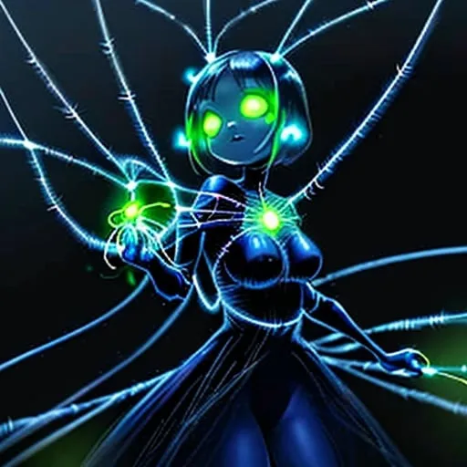 Prompt: A glowworm person with a thread of web as a whip with a wall of webs next to her like a matador