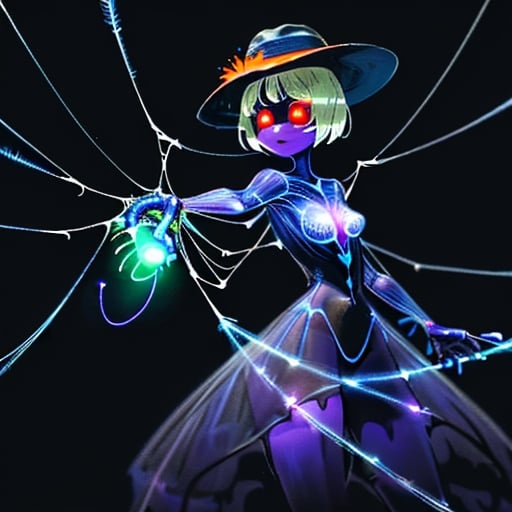 Prompt: A glowworm person with a thread of web as a whip with a wall of webs next to her like a matador