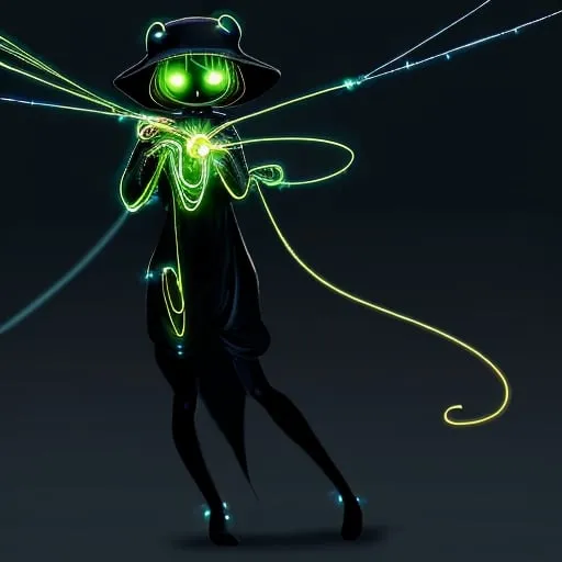 Prompt: A glowworm person with a thread of web as a whip