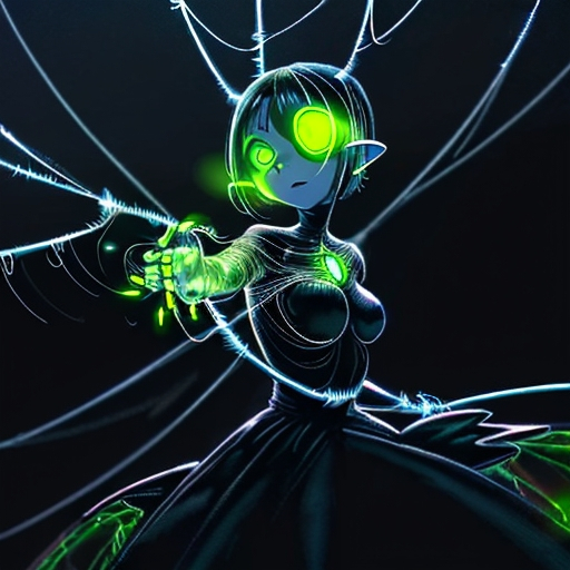 Prompt: A glowworm person with a thread of web as a whip with a wall of webs next to her like a matador