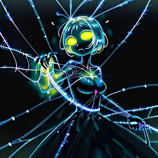 Prompt: A glowworm person with a thread of web as a whip with a wall of webs next to her like a matador