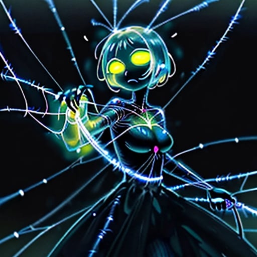 Prompt: A glowworm person with a thread of web as a whip with a wall of webs next to her like a matador