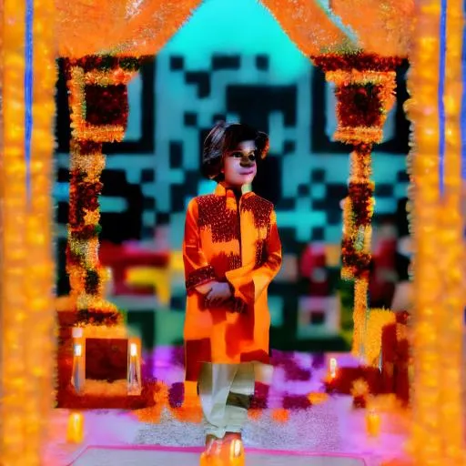 Prompt: A kid wearing orange kurta in diwali setup