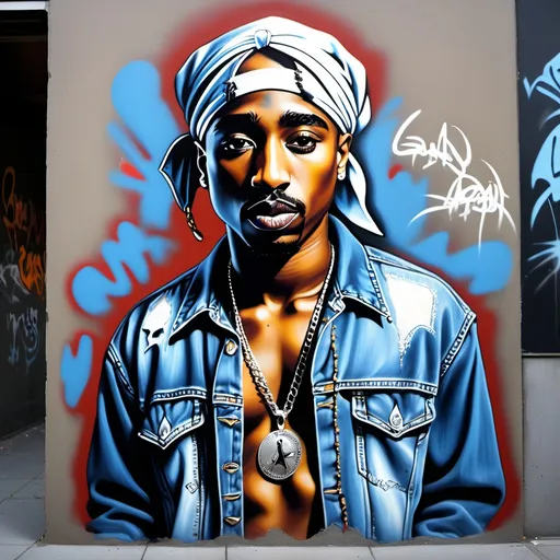 Prompt: graffiti art Tupac in a jean outfit