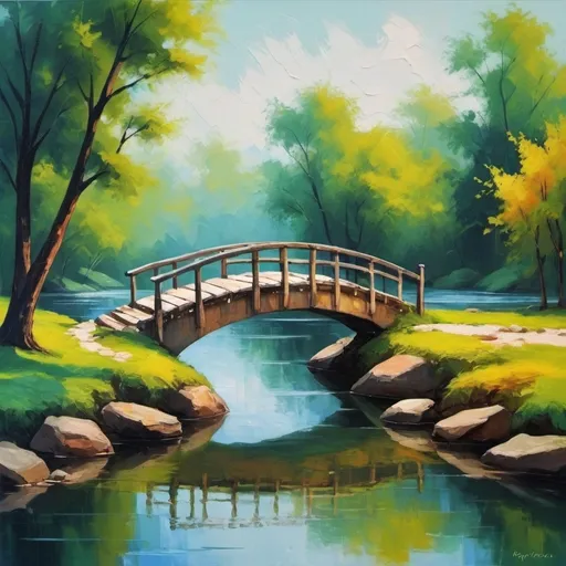 Prompt: Riverscapes with small bridge with trees abstract 