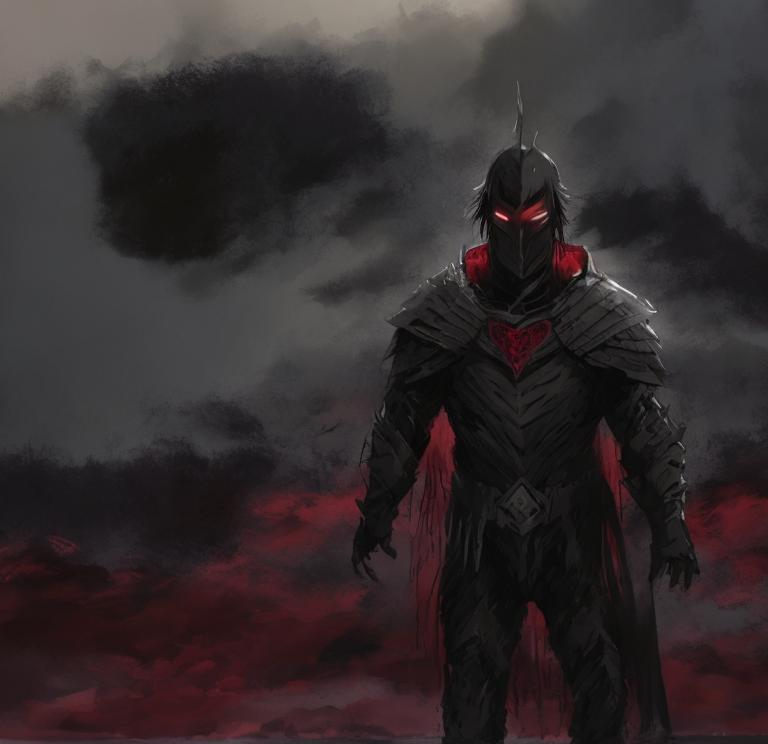 Prompt: Dark haired dark skin knight with standing in dark red lake
