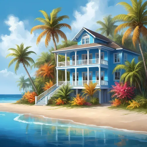 Prompt: Beautiful digital painting of a luxurious beach house, vibrant and colorful, sandy beach with clear blue waters, lush tropical palm trees, warm natural lighting, high-quality, detailed, digital painting, luxury beach house, lush palm trees, clear blue waters, vibrant colors, warm lighting, tropical beach, highres, detailed painting, luxurious, coastal living