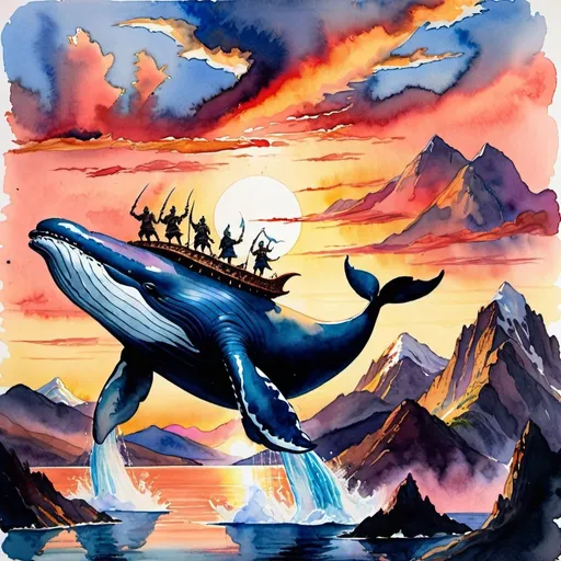 Prompt: A water colour painting of four warriors riding a giant flying whale over mountains with a beautiful sunset in the background