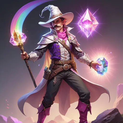 Prompt: A moustached male half-elf cleric with an epic cowboy hat, a staff with a rainbow crystal, and bright purple boots. A gentle pink light radiates around him as he strikes a combat pose