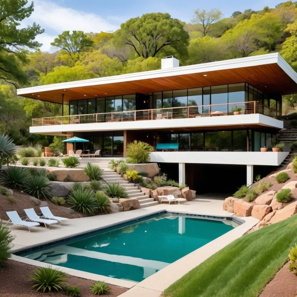 Prompt: Mid century modern home built on a hill with an infinity pool in the backyard, large second floor balcony, and breezeway through the center of the first floor