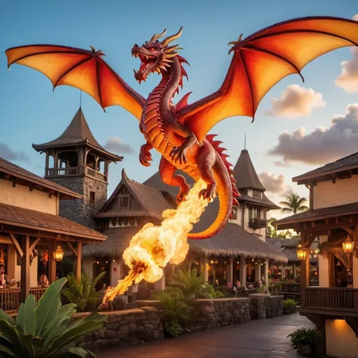 Prompt: A flying dragon over a tropical Polynesian village breathing fire down upon conquistadors na town square while perched atop a local building