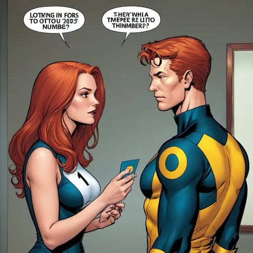 Prompt: Jean Grey and Scott Summers trying to guess lotto numbers.