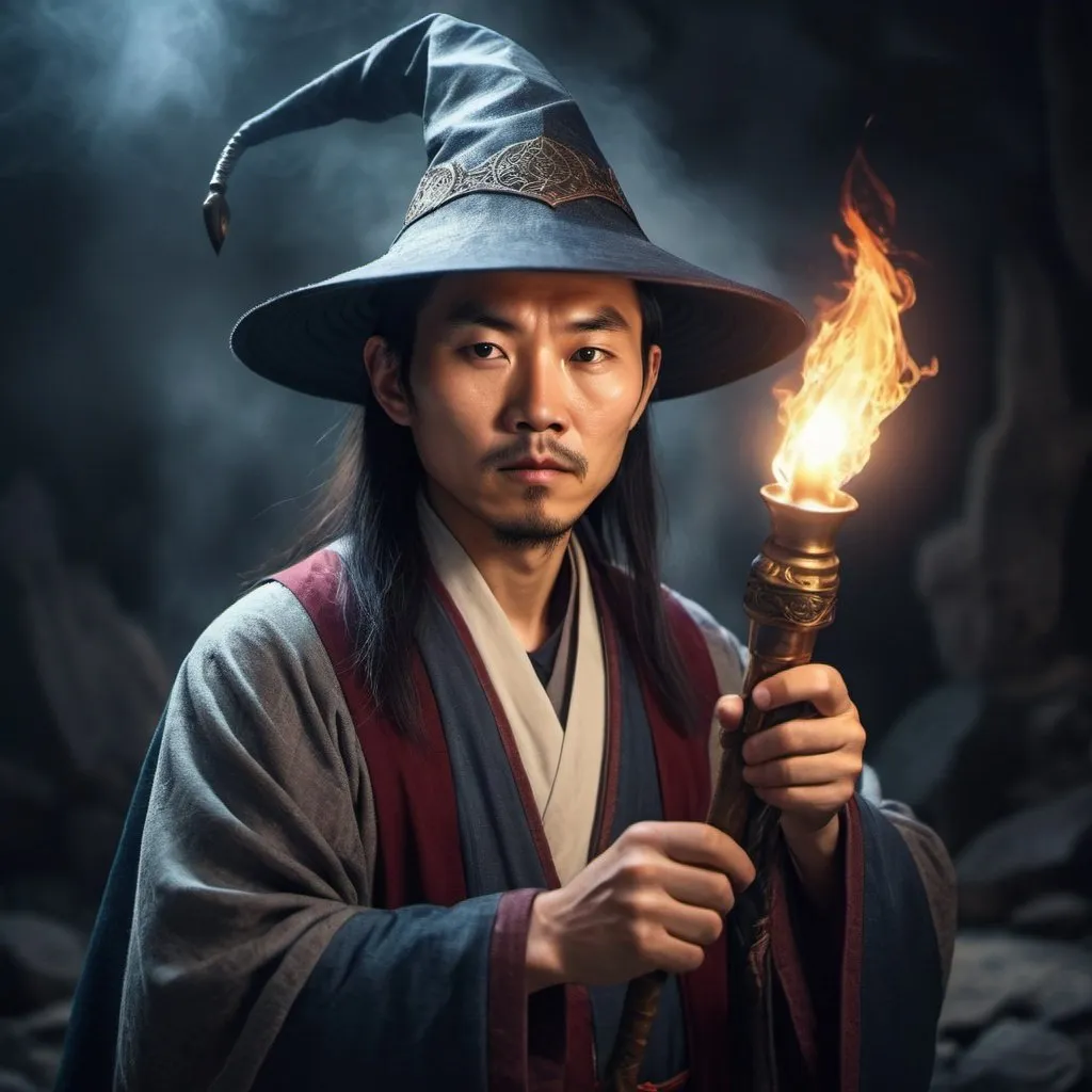 Prompt: Concerned asian wizard looking directly into camera, holding a torch in their left hand.  Pointy wizard hat.  Frown on his face.  Fantasy setting.  Photorealistic.  Surreal background.