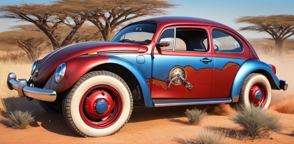 Prompt: Volkswagen beetle in blue and red, open savanna, bounding gazelle in background, 4k ultra-detailed, steampunk, hot rod, engine through hood, larger back tires, realistic, summer, cool tones, wildlife, detailed car design, vibrant colors, savanna landscape, dynamic composition, warm sunlight, professional photograph, 