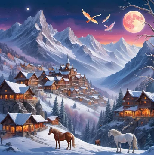 Prompt: Mountains, winter, Full Moon, Village scene, Fantasy illustration of majestic horses, mystical buildings, vibrant colors, high altitude, ethereal fantasy, detailed feathers and fur, magical architectural design, high quality, fantasy,horses, buildings, vibrant colors, ethereal, detailed feathers, magical architecture, majestic, mystical, professional, vibrant lighting