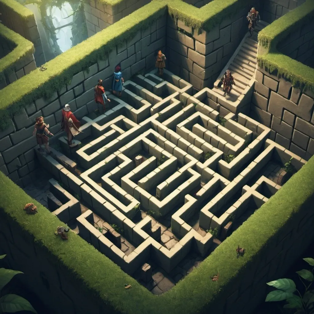 Prompt: a party of adventurers are navigating a maze.