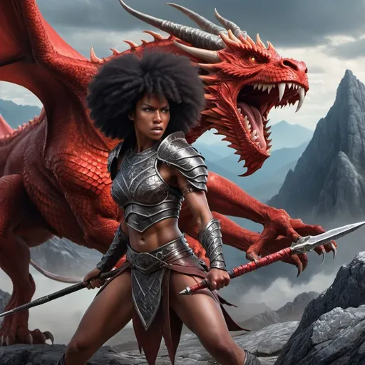 Prompt: Female black human warrior battling a majestic red dragon, black hair in an afro, wielding a spear, fantasy mountains in the background, photorealistic, highly detailed, dynamic composition, scary and beautiful, detailed facial expression and hands, fantasy, majestic, detailed hair, intense battle scene, epic fantasy landscape, powerful lighting