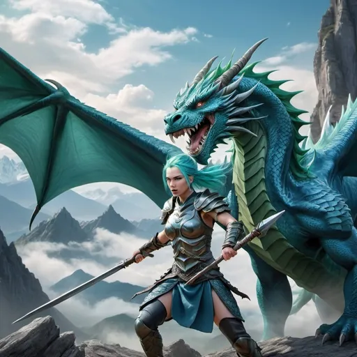 Prompt: Female human warrior battling a majestic blue dragon, green hair in a braid, wielding a spear, fantasy mountains in the background, photorealistic, highly detailed, dynamic composition, scary and beautiful, detailed facial expression and hands, fantasy, majestic, detailed hair, intense battle scene, epic fantasy landscape, powerful lighting