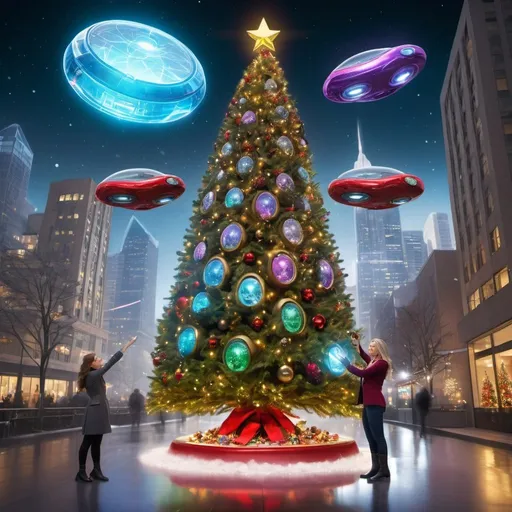 Prompt: Sydney Scoville and Maxima are using an infinity stone to decorate a Christmas tree.   surreal.   contemporary.  There are massive windows that show the city and flying cars going by.  Holograms float in space advertising things in foreign languages.  High quality hands and faces. contemporary.    Glowing LEDs.  Dynamic lighting.  Interesting Composition.  Wide angle.  ducks.