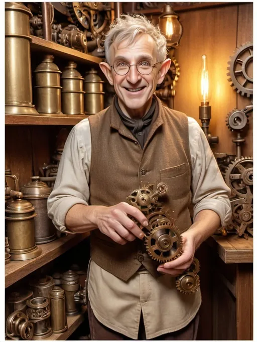 Prompt: Happy old half-elf struggling with scrolls in a shop, photorealistic, steampunk, many scrolls in background, intricate gears and cogs, warm metallic tones, detailed facial features, aged wood textures, antique brass, high quality, photorealism, steampunk, scrolls, intricate gears, magical sparks from scrolls, detailed aging, antique brass, cozy lighting, tea kettles on shelves