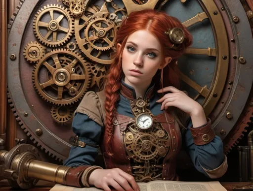 Prompt: pleasantly surprised female red haired half-elf struggling with scrolls in a duengeon, photorealistic, steampunk, many scrolls in background, intricate gears and cogs, warm blue and red tones for clothes, walls are dingy and grey marble, detailed facial features, aged wood textures, antique brass, high quality, clocks, red hair in braids, robots, photorealism, steampunk, books, intricate gears, , detailed face and hands, antique brass, cozy lighting, 