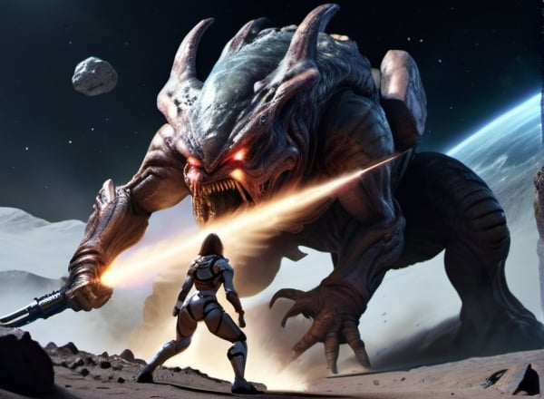 Prompt: Female space warrior battling giant monster on asteroid, photorealistic, dynamic lighting, desolate landscape, scary atmosphere, powerful characters, alien terrain, monstrous creature, hopeful tone, intense action, futuristic, sci-fi, highres, realistic lighting, detailed armor, dynamic composition