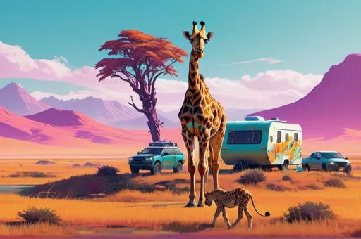 Prompt: Caravan roaming through the plains.  Cyberpunk.  Mountains in the background.  Giraffe eating from tall, thin trees.  A lion lays in wait to pounce.  Cyberpunk.  Vaporware aesthetic.  Vibrant colors.  Photo realistic.  Smooth lines.  Tense feeling.