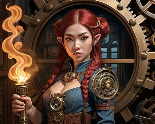 Prompt: surprised female asian half-elf holding a torch high, photorealistic, wide shot, steampunk, many scrolls in background, intricate gears and cogs, warm blue and red tones for clothes, walls are dingy and grey marble, detailed facial features, aged wood textures, antique brass, high quality, clocks, red hair in braids, robots, photorealism, steampunk, books, intricate gears, mid to far shot photo, detailed face and hands, antique brass, cozy lighting, 