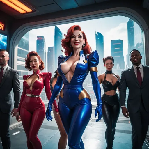 Prompt: Jessica Rabbit and Chun Li and others are space walking in suits.  dynamic lighting. Cyberpunk.  Awe. amusement. Mouth open slightly.  wide angle shot. smile.  Glowing lights.  Huge windows overlooking a vibrant city.