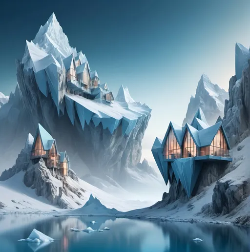 Prompt: Surrealism mountain landscape with floating building fragments, snowy winter scene, dreamlike, highres, detailed, surrealism, snowy mountaintops, floating building parts, dreamy atmosphere, surreal colors, hauntingly beautiful, fragmented architecture, majestic peaks, icy blue tones, soft lighting