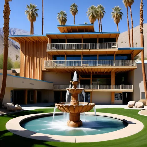 Prompt: a school,in palm springs,with a lot of life and nature,a fountaing,made of wood and bircks,with a fountain,drawing,2 floors