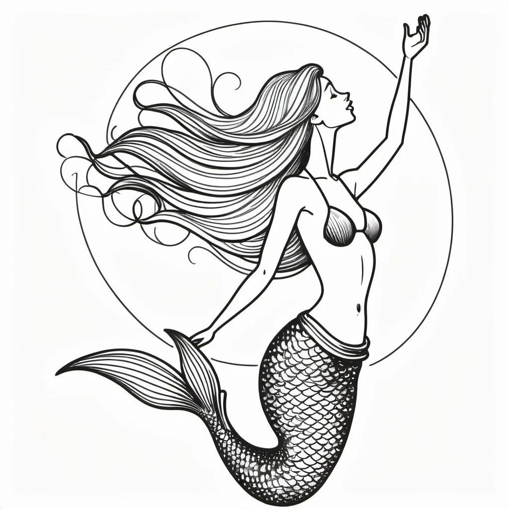 Prompt: create a line drawing of a singing mermaid hanging in mid air looking up without anything in the background, with sleek hair


