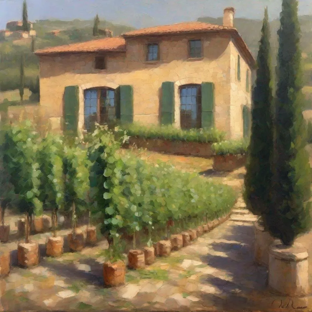Prompt: A sunny Italian villa with a vineyard. In one of the fields is a large, stone cylinder with a grid of compartments. Each grid has a drying herbs, or lavendar sprigs, or dandelions. Do this as an
impressionistic painting with large palette-knife
