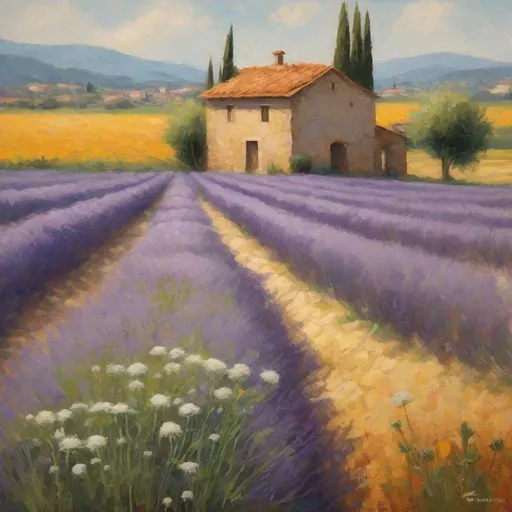 Prompt: The sunny Italian countryside. In one of the fields is a large, stone cylinder with a grid of compartments. Each grid has a drying herbs, or lavendar sprigs, or dandelions. In the other field are lavendar and herb crops. Do this as an
impressionistic painting with large palette-knife