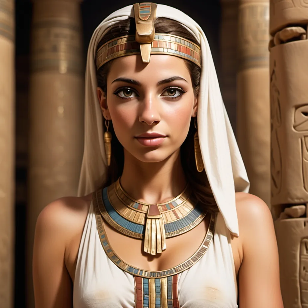 Prompt: White-skinned Egyptian woman wearing ancient Egyptian clothing. Brown eyes, brown hair, nice figure, tall.