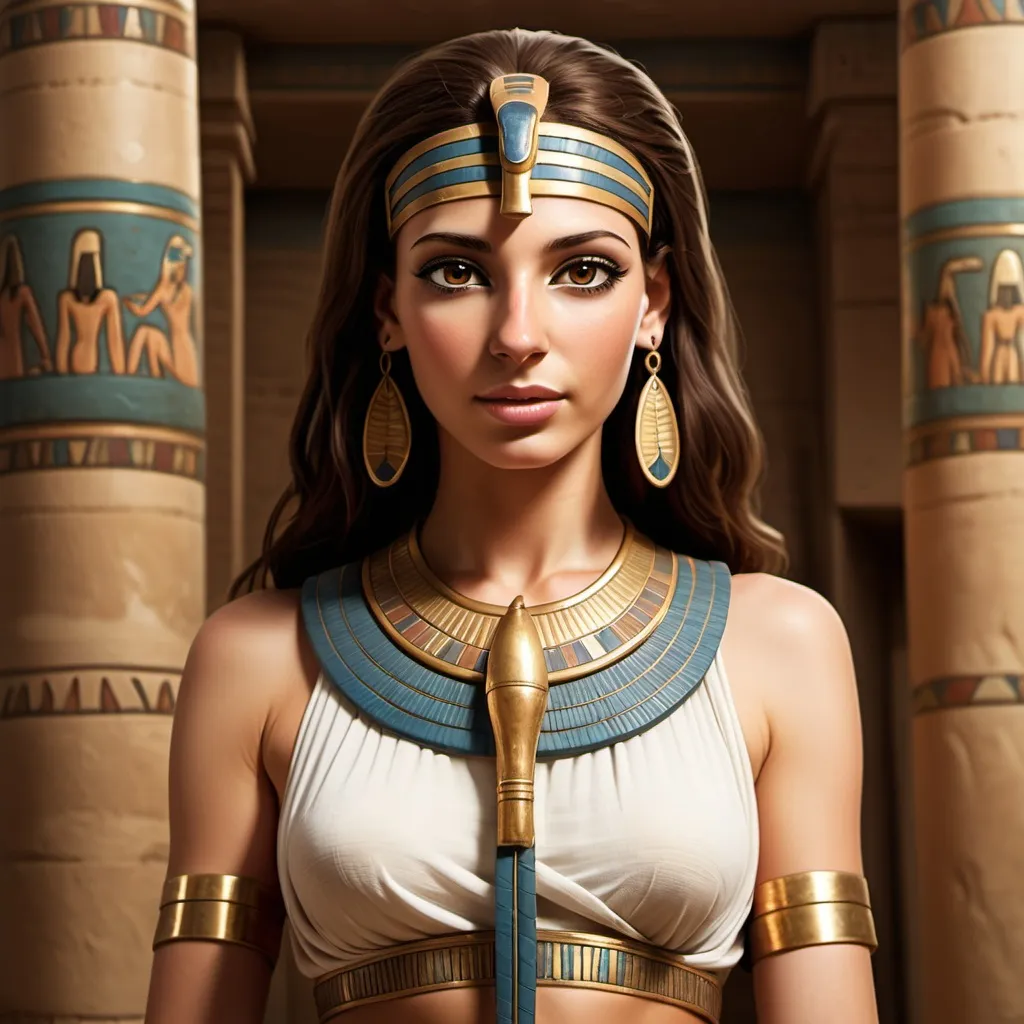 Prompt: White-skinned Egyptian woman wearing ancient Egyptian clothing. Brown eyes, brown hair, nice figure, tall.