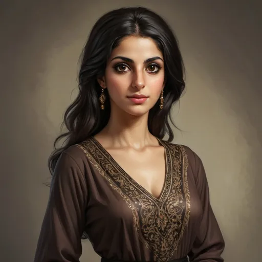 Prompt: Persian woman, dark-skinned, wearing a thin Persian dress. Dark brown eyes, black hair, good figure, medium height.