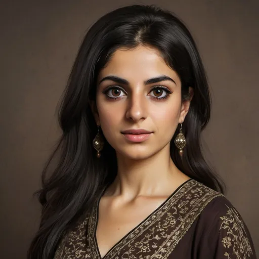 Prompt: Persian woman, dark-skinned, wearing a thin Persian dress. Dark brown eyes, black hair, good figure, medium height.