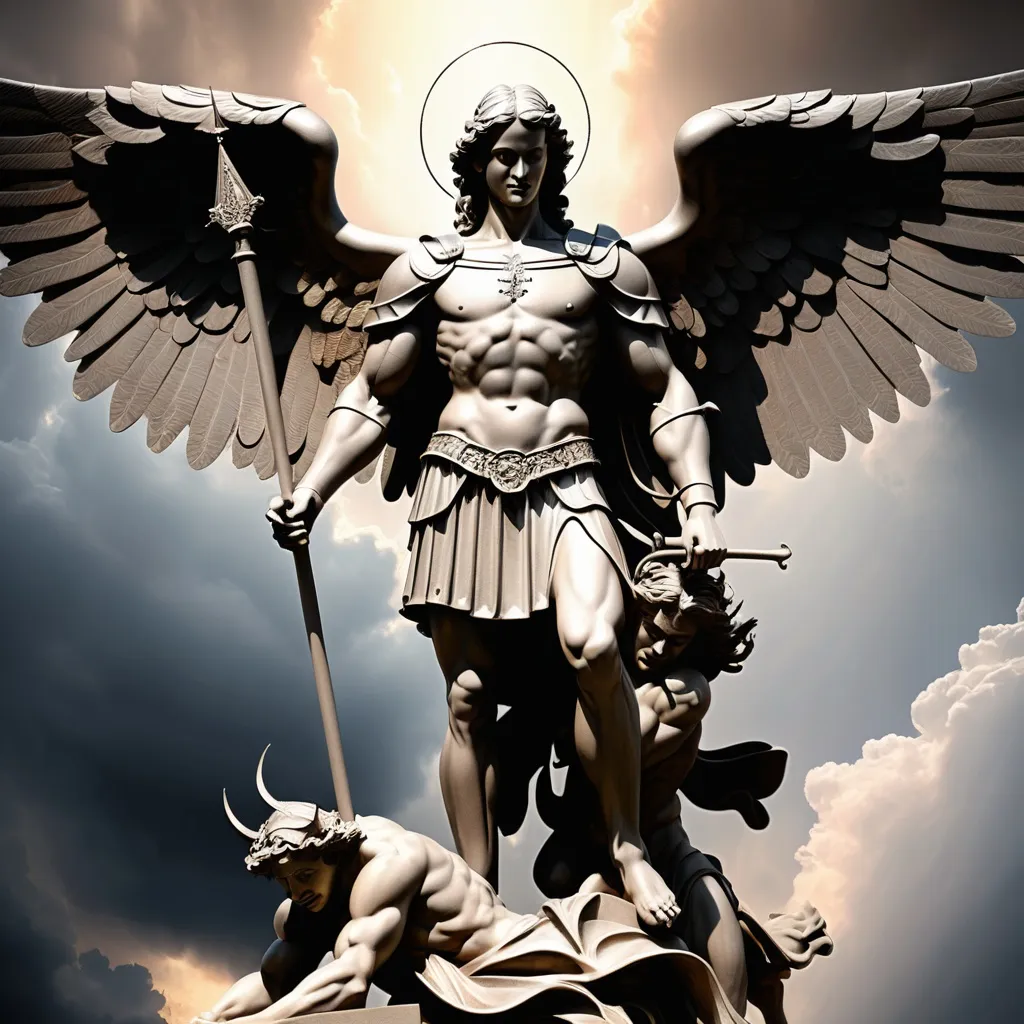 Prompt: Archangel micheal standing on a demon