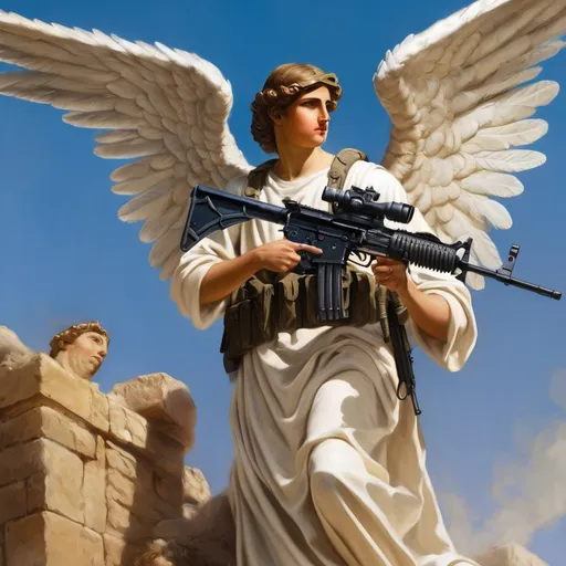 Prompt: Angel holding a rifle protecting isreal