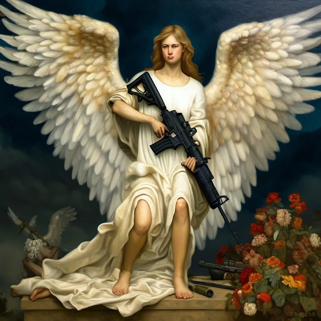 Prompt: A painted portrait of a angel with a modern m4 rifle