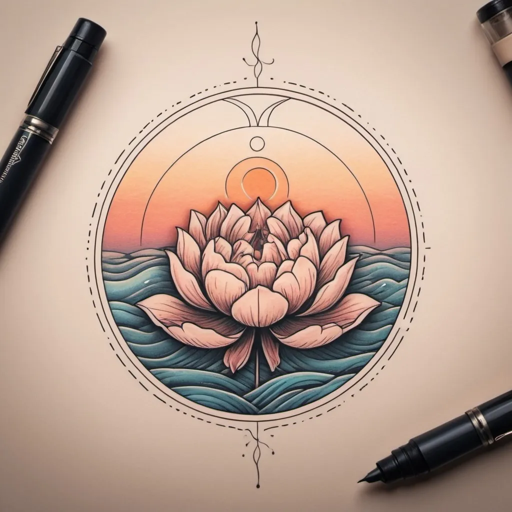 Prompt: Minimalist linear tattoo of an anatomical human heart with a growing flower inside a circle, sea waves sunset background, high quality, sunset colors, minimal design, detailed linework, abstract, ink, circle frame, minimalistic, professional, serene lighting, detailed linework, heart-lotus, minimalistic tattoo, sunset waves, subtle colors