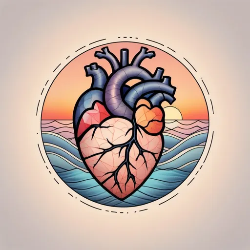 Prompt: Minimalist tattoo of geometric anatomical heart mixed up with a brain and lotus flower, sea waves sunset background, inside a closed circle bold line, high quality, sunset colors, minimal design, detailed linework, abstract, ink, serene lighting, detailed linework, minimalistic tattoo, sunset waves, subtle colors