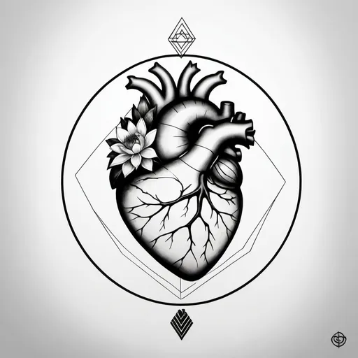 Prompt: Minimalistic tattoo design of geometric anatomical heart mixed up with a brain and lotus flower, arm placement, circle frame, black ink, clean lines, detailed symbolism, high quality, minimalistic, self-love, self-care, geometric, anatomical heart, brain, lotus flower, detailed, clean lines, arm placement, geek, professional, artistic, black ink, symbolism, high quality