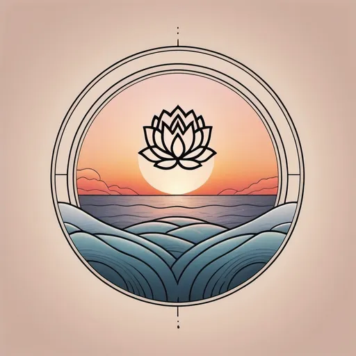 Prompt: Minimalistic linear tattoo of human heart, brain, and lotus flower inside a circle, sea waves sunset background, simple, minimalistic, abstract, ink, circle frame, high quality, sunset colors, minimal design, detailed linework, professional, serene lighting