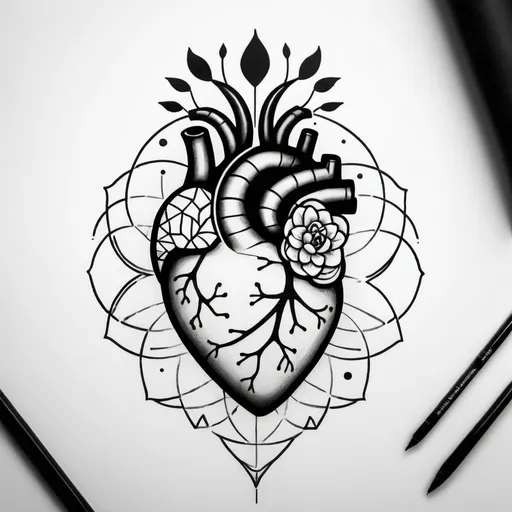 Prompt: Tattoo design of a minimalistic anatomical heart mixed up with a lotus flower with a human brain inside the heart, geometric sea waves linear background, circle frame, black ink, clean lines, high quality, self-love, self-care, arm placement, geek, professional, artistic, black ink, symbolism, high quality