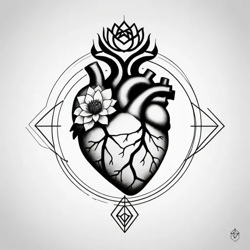 Prompt: Minimalistic tattoo design of geometric anatomical heart with brain and lotus flower, arm placement, circle frame, black ink, clean lines, detailed symbolism, high quality, minimalistic, self-love, self-care, geometric, anatomical heart, brain, lotus flower, detailed, clean lines, arm placement, professional, artistic, black ink, symbolism, high quality