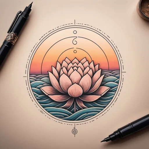 Prompt: Minimalist linear tattoo of a human heart, lotus flower, and brain inside a circle, sea waves sunset background, high quality, sunset colors, minimal design, detailed linework, abstract, ink, circle frame, minimalistic, professional, serene lighting, detailed linework, brain-heart-lotus, minimalistic tattoo, sunset waves, subtle colors